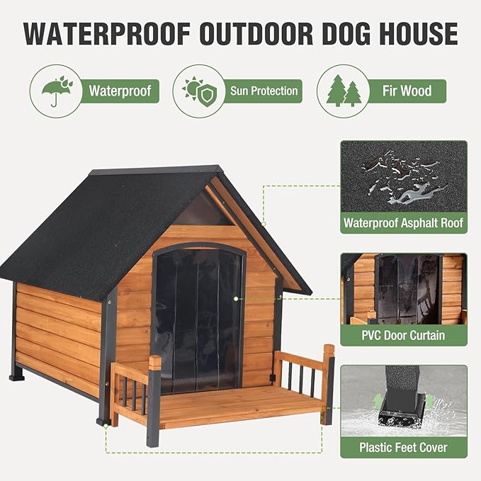 Large Dog House Outdoor Weatherproof Dog Kennel with Anti-Chewing Iron Frame, Dog Shelter for Large Breed with Porch (Brown, 50.9" D x 37.4" W x 37.2" H)