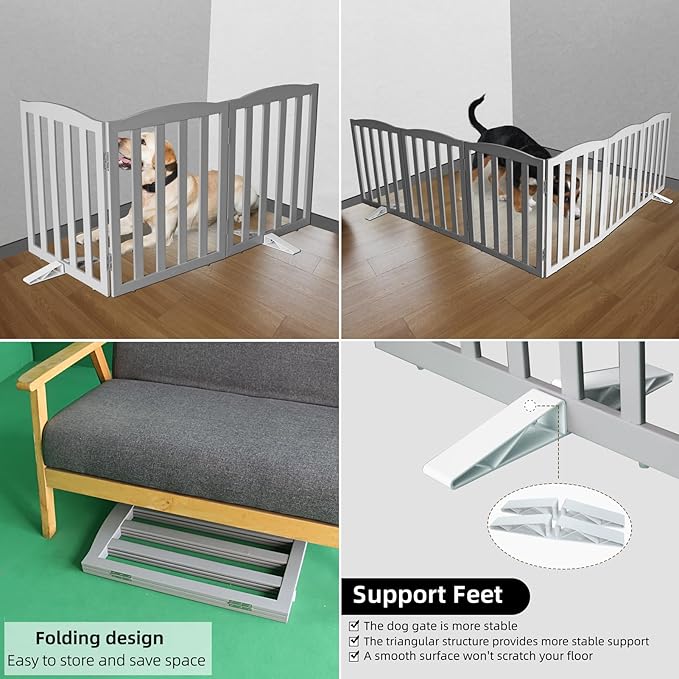 ZJSF Foldable Freestanding Indoor Dog Gate for House Wood Long Pet Gates Dog Fence for Stairs Puppy Gates for Hallways, Puppy Gate,Support Feet Included, Grey, 24 "Height-3 Panels