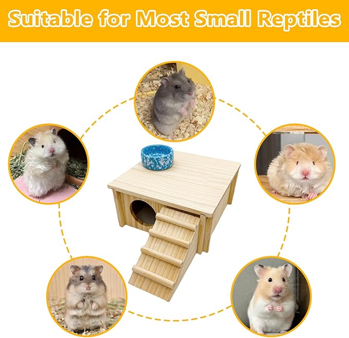 Wooden Hamster Hideout Gerbil House with Climbing Ladder and Window Habitats Decor Detachable Syrian Hamster Cage Accessories for Rat Gerbils and Other Small Pets