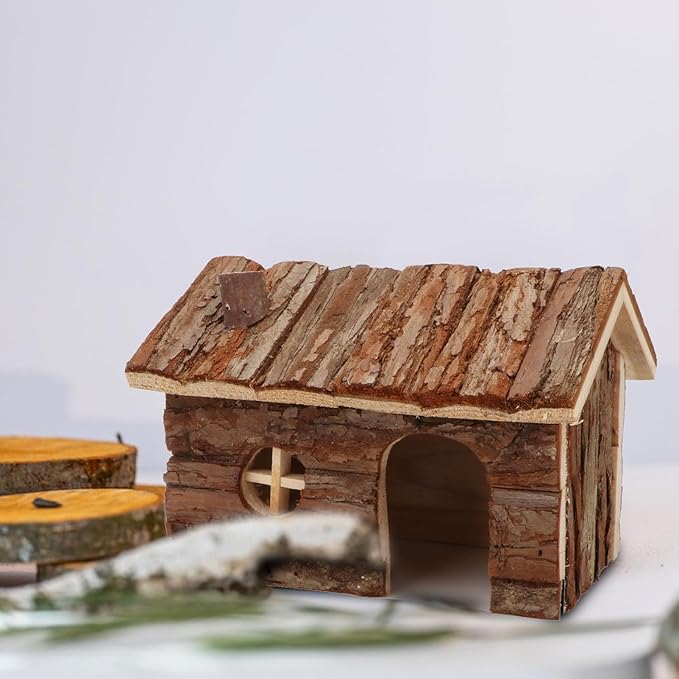 Hypeety Natural Wooden Hamster House Cage Small Animals House with Chimney for Pet Rats Gerbil Hideout Play House (M)