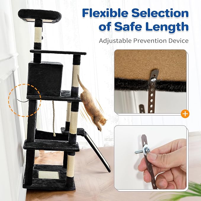 Cat Tree Tower 63in Multi-Level Cat Tower for Indoor Cats with Sisal Scratching Posts, Condo, Hammock, Dangling Ball and Extended Platform for Cats to Play, Black