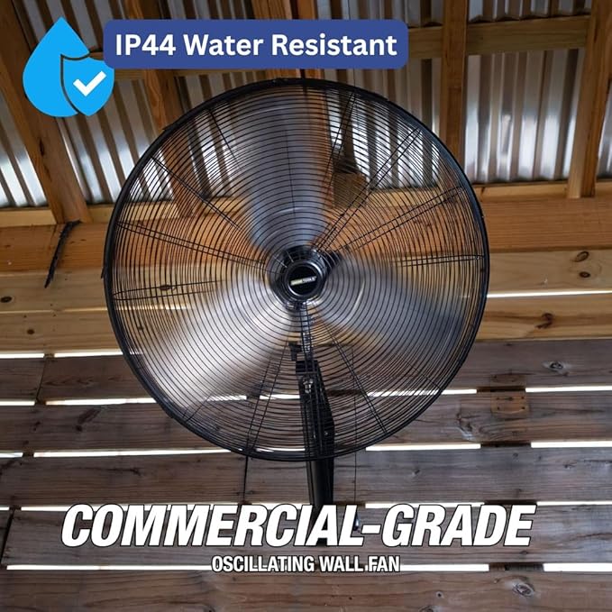 OEMTOOLS 24" Outdoor Wall Mount Fan, 80° Oscillating Fan 6800 CFM Max, Water Resistant, Use in Garage, Gym, Warehouse, Factory and Jobsite