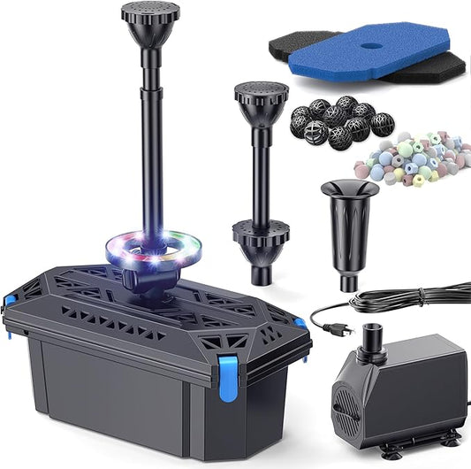 NFESOLAR Pond Filter with Fountain Pump Kits, 660GPH Pond Filter Fountain with Colorful Lights, Multi-Layer Filtration, for Outdoor Ponds Up to 2000 Gallons, Fish Tank, Waterscape - Corded Electric