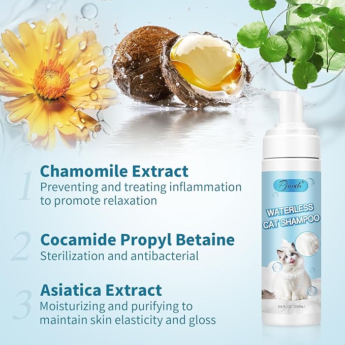 Waterless Cat Shampoo with Brush and Cloth, 6.8 FL OZ Cat Shampoo and Conditioner, Cat Dry Shampoo, No Rinse Formula for Quick Clean, Care for Cats and Kittens with Itching & Sensitive Skin
