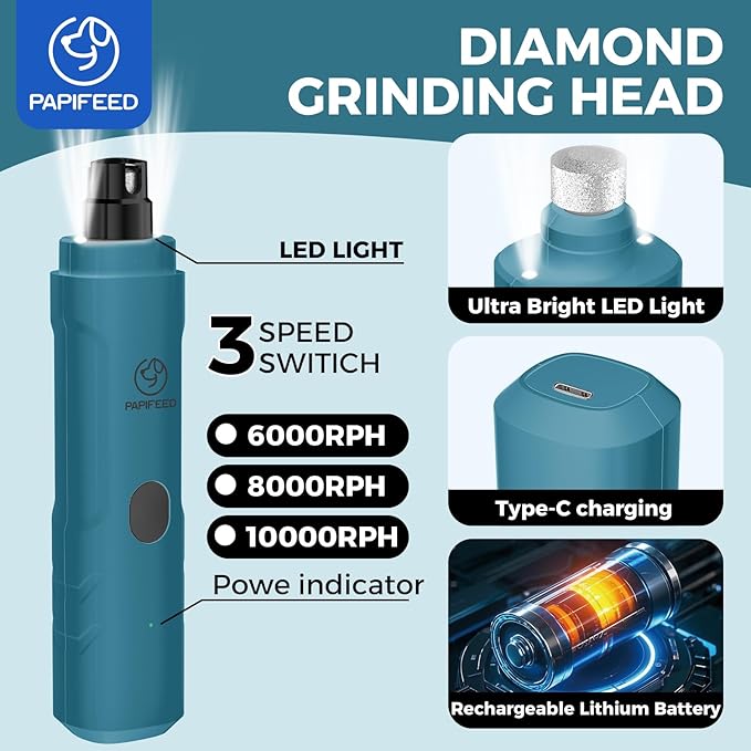PIPAFFEED Dog Nail Grinder Upgraded with with Dog Nail Trimmers,2 LED Lights, 3-Speed Rechargeable & Quiet - Upgraded Electric Pet Nail Trimmer, Painless Paws Grooming Tool-Bule