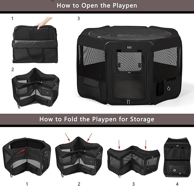 DONORO Dog Playpen Portable Pet Play Pens for Small Dog/Cat/Rabbit/Chicks, Cat Playpen Indoor/Outdoor with Carring Case, Removable Zipper Top and Bottom (Black, Extra Large (55"x55"x30"), 8)