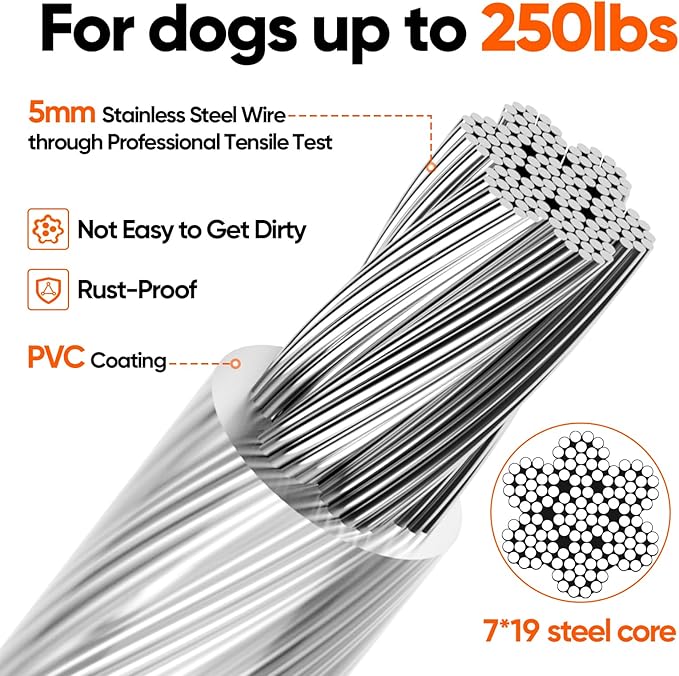 Tresbro 20FT Reflective Tie Out Cable for Dogs Up to 250 Pounds, Steel Wire Lead Leash Cable with Stainless Dual Fix Buckle, Lightweight and Enduring, Outdoor Dog Chains for Outside,Yard,Camping