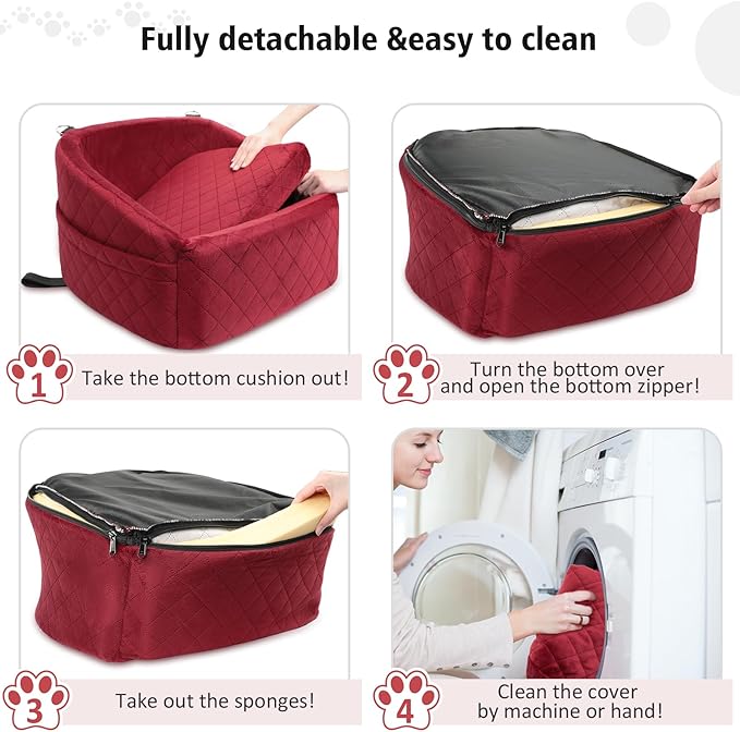 Dog Car Seat for Small Medium Dogs,Detachable Washable Dog Booster Seat Under 30lbs, Pet Car Seats Travel Bed with Storage Pockets and Safety Belt(Red)