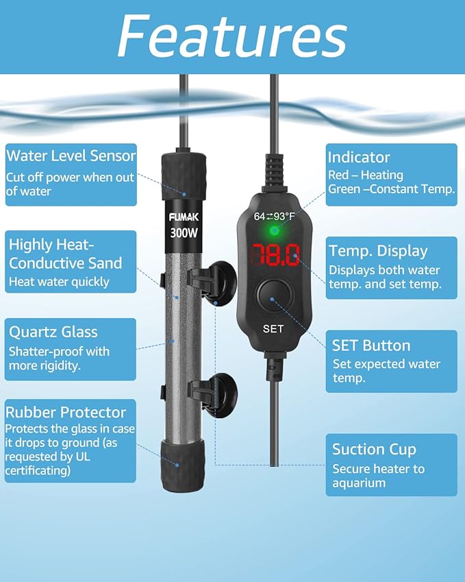 300W Adjustable Aquarium Heater Super Short Submersible Fish Tank Heater Fish Heater with LED Digital Display Thermostat, for Tanks 40-60 Gallons