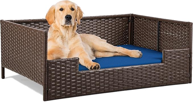 YITAHOME Rattan Dog Sofa Bed with Cushion, Wicker Pet Bed Sofa Couch Indoor Outdoor Waterproof for Large Medium Small Dogs Cats (38.6''L*26.4''W*15''H,Blue)