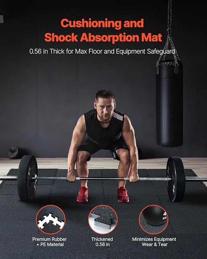 VEVOR 0.56 Inch Thick Gym Floor Mats, 12 Tiles Rubber Top with EVA Foam, 25" x 25" Gym Flooring Workout Mat with 48 sq.ft Coverage, Interlocking Puzzle Gym Mats for Home, Garage, Black & Blue