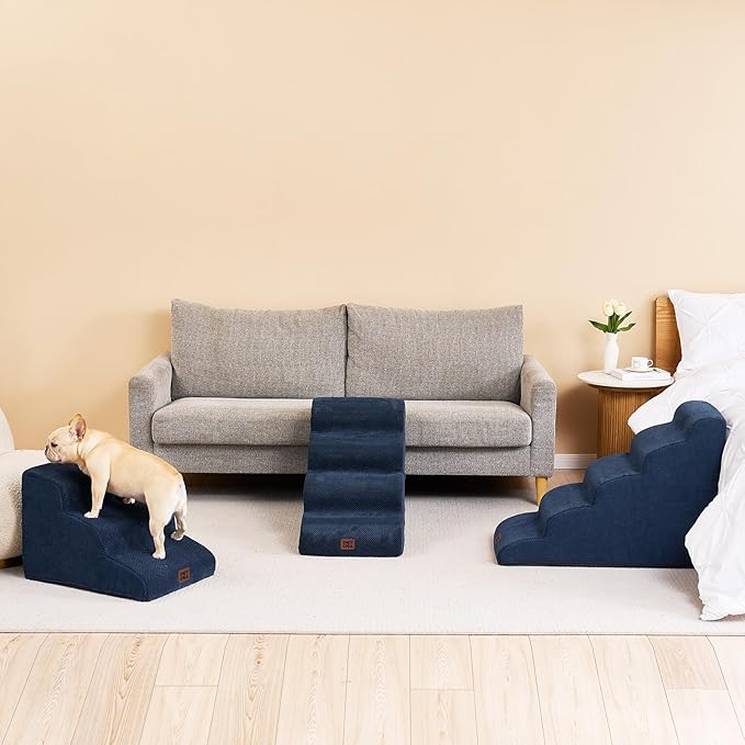 EHEYCIGA Curved Dog Stairs Ramp for High Beds 22.6" H, 5-Step Dog Steps for Small Dogs and Cats, Pet Stairs for High Bed Climbing, Non-Slip Balanced Pet Step Indoor, Navy