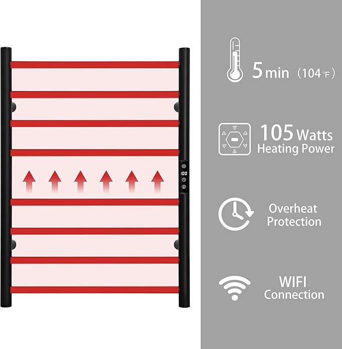 KEG Smart WiFi Towel Warmer Wall Mounted with Built-in Timer and Temperature Adjust Control, 8 Bars Electric Stainless Steel Heated Towel Racks for Bathroom Black