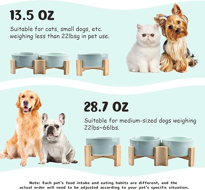 SPUNKYJUNKY 15° Slanted Ceramic Dog and Cat Bowl with Wooden Stand, Tilted Bulldog Food and Water Bowl No Slip Non-Spill for Cats Medium Dogs Big Face Pets 13.5 OZ (1.7 Cups, Morandi Green × 2)