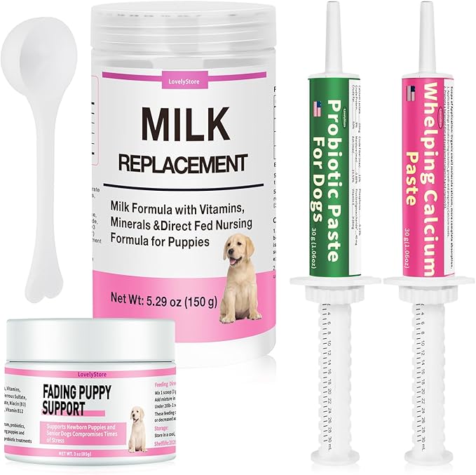 4 in 1 Whelping Kit for Dogs - Whelping Calcium Paste, Probiotic Paste, Fading Puppy Support & Puppy Milk Replacer - Essential Dog Whelping Supplies for Safe Delivery, Strong Puppies & Nursing Support