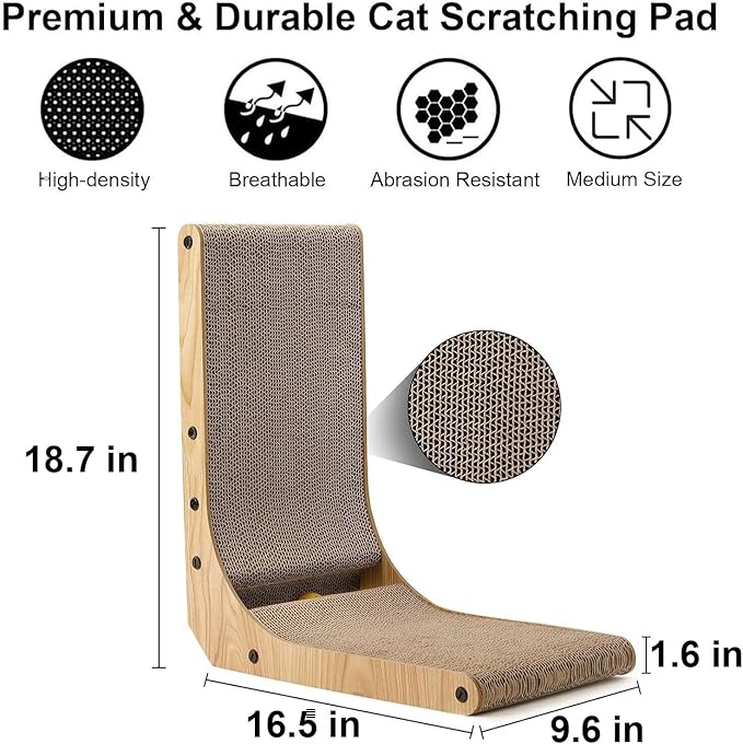 FUKUMARU Cat Scratcher, 18.7 Inch L Shape Cat Scratch Pad Wall Mounted, Cat Scratching Cardboard with Ball Toy for Indoor Cats