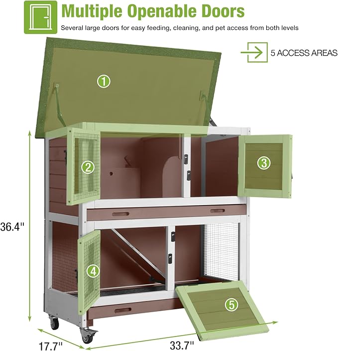 GUTINNEEN Rabbit Hutch Indoor Mobile Outdoor Bunny Cage with Openable Middle Door, Two Story Guinea Pig Cage with Wheels, 36" L x 17.7" W x 36.4" H