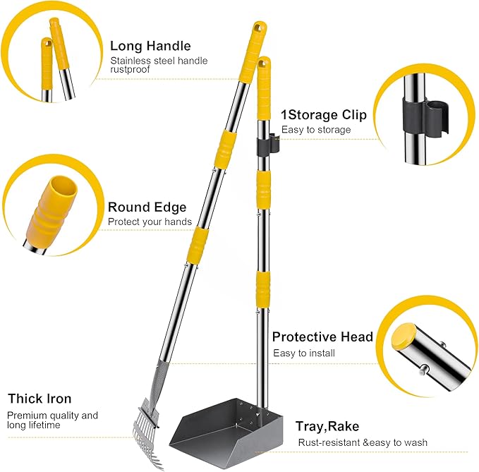 Niubya Pooper Scooper for Dogs, Metal Poop Scooper Tray and Rake Set with Adjustable Long Handle, Dog Pooper Scooper for Pet Waste Removal
