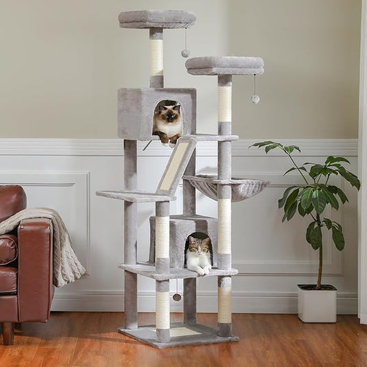 PAWZ Road 70 Inch Cat Tower, Tall Cat Tree with 2 Cozy Condos, 2 Plush Perch, Large Basket, 2 Scraching Pad & 6 Scraching Posts for Indoor Cats Large Adult, Gray
