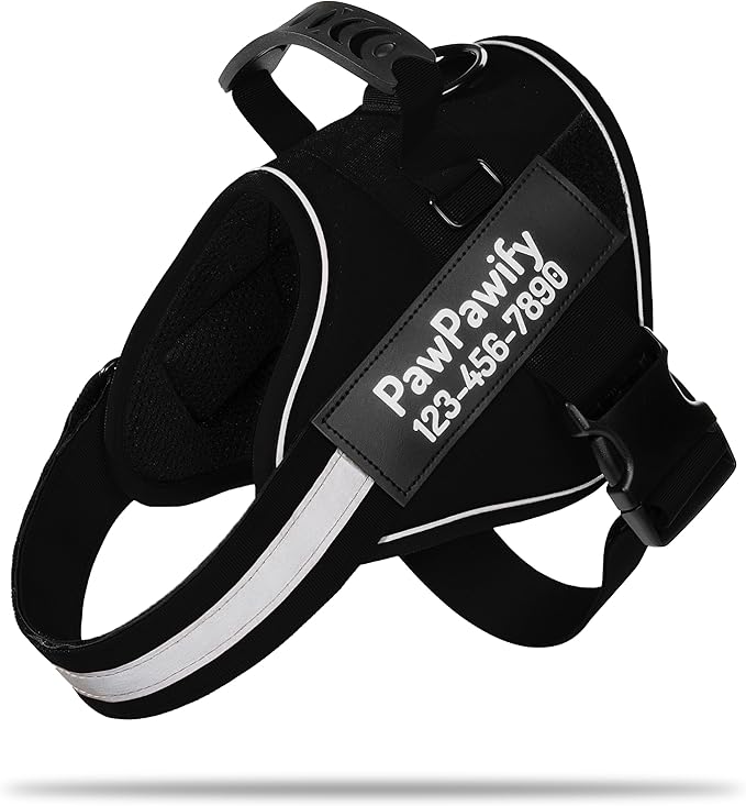 PawPawify Custom No Pull Dog Harness with Name and Phone Number, Heavy Duty Personalized Pet Vest to Prevent Tugging, Pulling, or Choking, Training and Walking (New Black, S (10-19LBS))