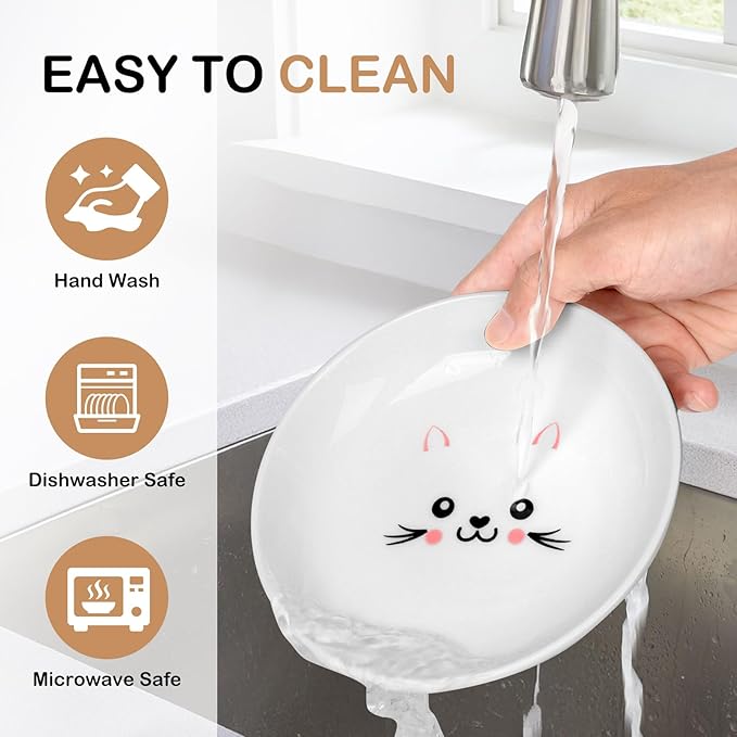 TRUVIC 4 Pack Ceramic Cat Food Bowls, 5.9 Inch Ceramic Cat Dishes Set for Indoor Cats and Small Dogs, Anti Whisker Fatigue Kitten Bowls, Wide Shallow Kitten Plates for Food and Water (Cute Face)