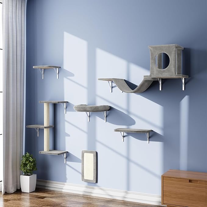 NUNU LAB Wall Mounted Cat Furniture, 6 Pcs Cat Wall Shelves with Condo House, Bridge, Steps, Scratcher, Hammock, Indoor Safe & Stable Furniture for Kittens Play, Gray