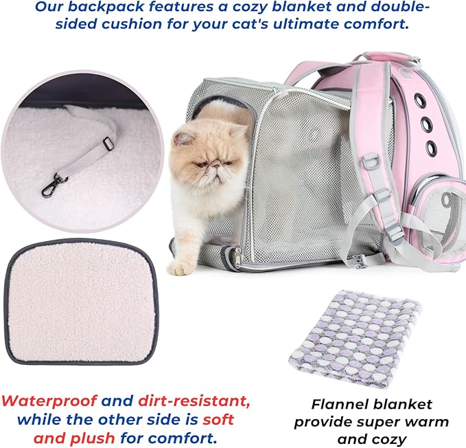 Lollimeow Cat Carrier Backpack, Bubble Expandable Backpack Carrier, Pets and Small Dogs,Airline-Approved, Designed for Travel, Hiking, Walking & Outdoor Use (Square Back Expandable-Pink)