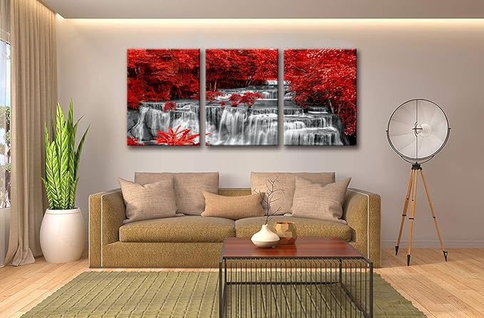 Yxbhhym Black White and Red Waterfall Canvas Wall Art Forest Paintings Waterfall Artwork for Wall Print Landscape Wall Picture for Living Room Wall Decor Large Framed Wall Art -24x48inches