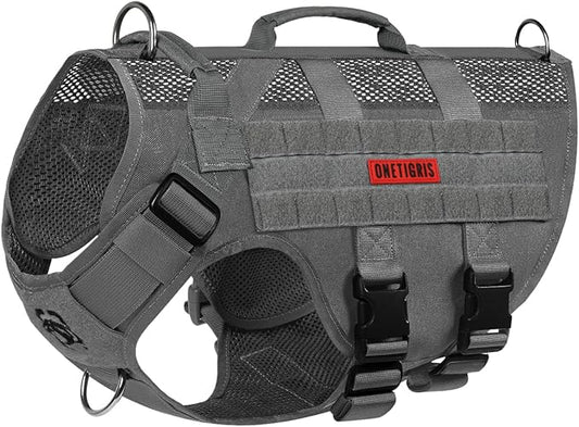 OneTigris Tactical No Pull Dog Harness for Large Dog, Mesh Design Dog Vest Harness Breathable Military Dogs Molle Vests with Handles, Service Dogs Vest Harness for Walking Hiking Training