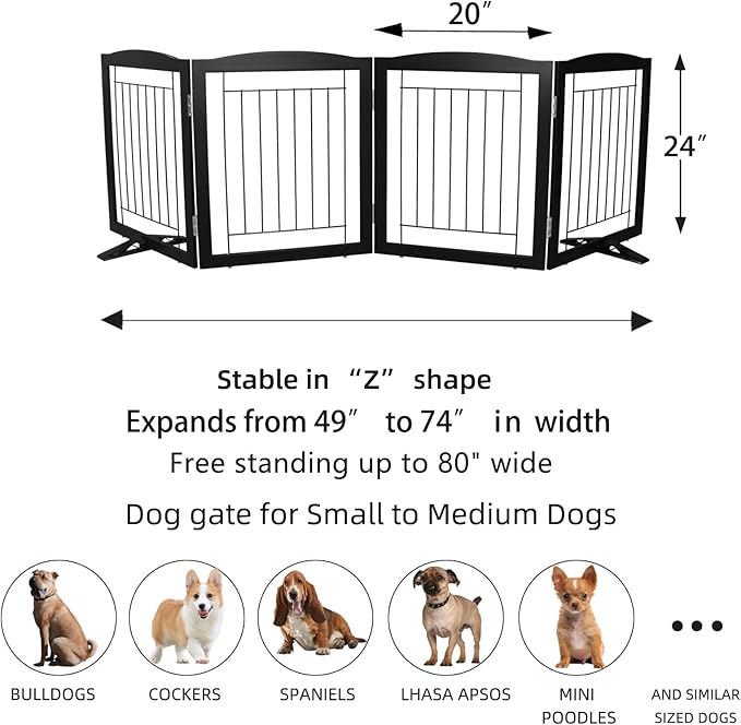 ZJSF Freestanding Dog Fence Indoor, Foldable Dog Gate for Doorways, Stairs or Hallways, Sturdy Wood Extra Wide Pet Gate with Support Feet for The House, Black, 24 "Height-4 Panels