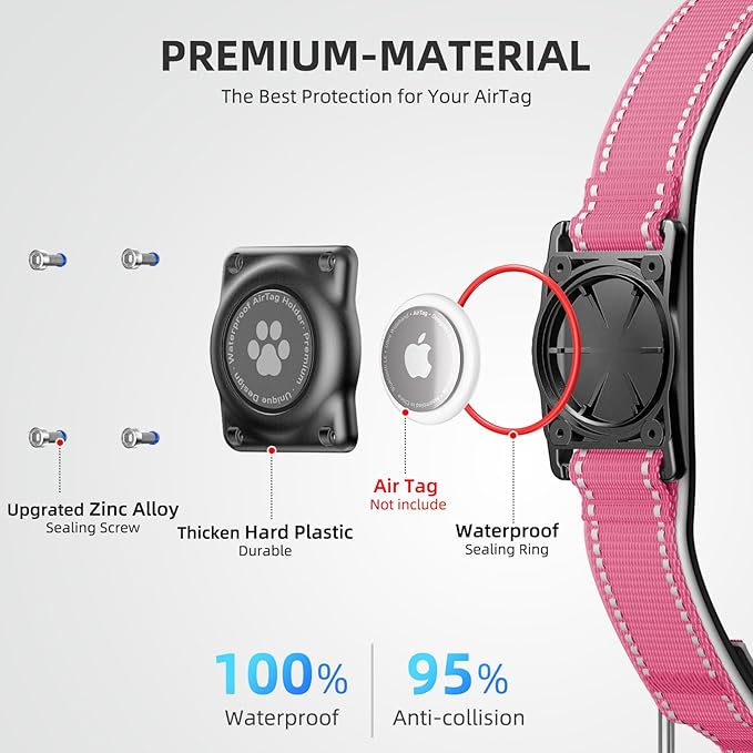 Airtag Dog Collar - 100% Waterproof Air tag Dog Collar Holder for Apple AirTag, Reflective, Soft Padded, Everlasting, GPS Dog Collar for Small Medium Large Dogs (Hot Pink, M)