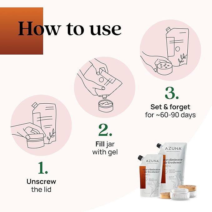 Azuna Air Freshener & Odor Eliminator for Strong Odor | 2 Room Kit Includes (2) Empty Luxe Glass Jar & 12oz Gel Refill with Tea Tree Essential Oil | Sandalwood Scent | Last 60-90 Days