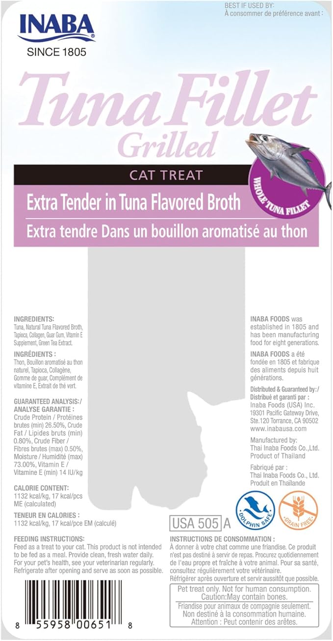INABA Premium Hand-Cut Grilled Tuna Fillet Cat Treats/Topper with Vitamin E and Green Tea Extract, 0.52 Ounces Each, Pack of 6, Extra Tender Tuna Broth