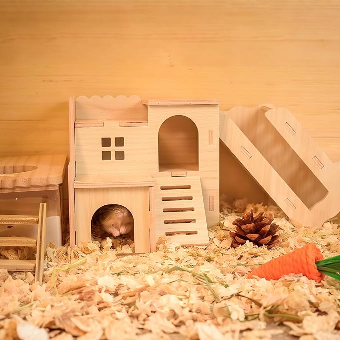 Multi-Chamber Hamster Hideout & House, Natural Wood Small Animal Cage Accessories for Dwarf Hamsters, Gerbils and Mice – Ventilated Design with Structure