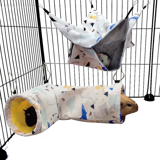 Large Caliber Guinea Pig & Rat Tunnel Hideout & Hammock, Corner Hideout Toy for Guinea Pig, Ferret, Hedgehog & Piggy to Hide and Shuttle (1. Hammock&Tunnel-Dinosaur)