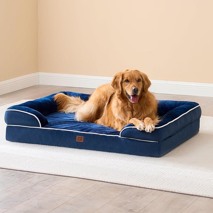 EHEYCIGA Orthopedic Dog Beds for Large Dogs, Waterproof Memory Foam Large Dog Bed with Sides, Non-Slip Bottom and Egg-Crate Foam Pet Couch Bed with Washable Removable Cover, Navy