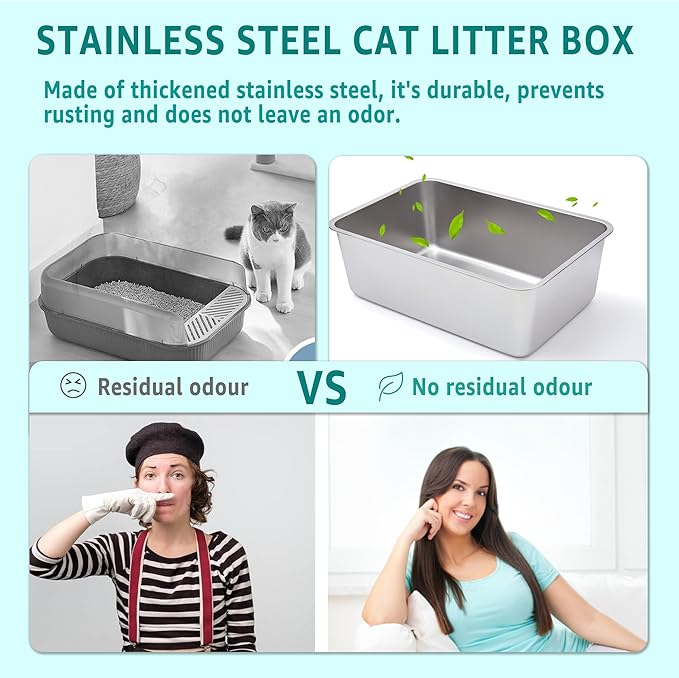 Stainless Steel Litter Box,XXL Metal Cat Litter Box for Big Cats 8IN Deep, Cat LitterBox High Sided Pet Toilet Easy to Clean,Cats Litter Pan for Adult Cats,Non Stick, No Smell