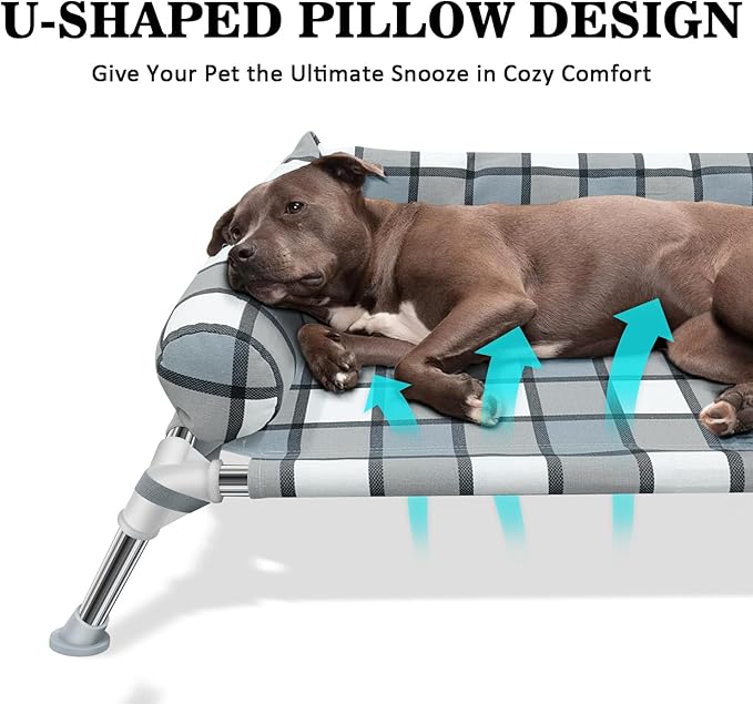 Elevated Raised Dog Bed Cot - Cooling Raised Dog Bed with Bolster Portable Washable Pet Hammock with Pillows & Metal Frame for Indoor & Outdoor, Large