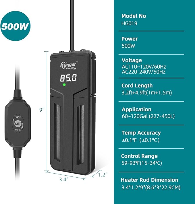 hygger Aquarium Heater,500W/800W/1200W Submersible Fish Tank Water Heater Double Quartz Explosion-Proof with for Freshwater Saltwater Tank