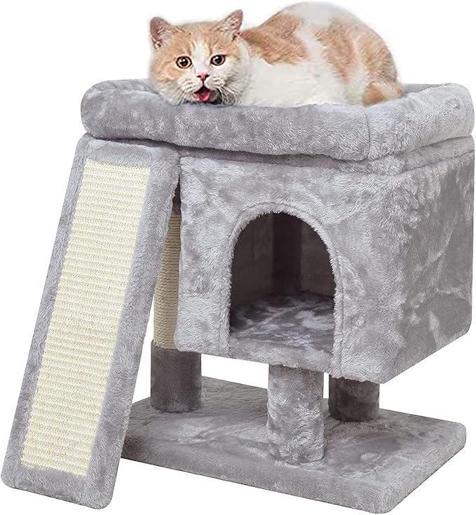 SYANDLVY Small Cat Tree for Indoor Cats, Cat Tower with Scratching Post, Modern Activity House for Large Cats, Condo with Board, Kittens Cave (Light Grey)