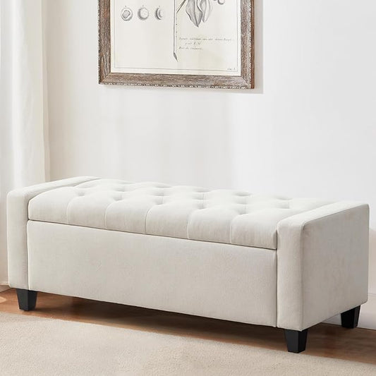 Ottoman with Storage, 48.8" Fabric Storage Ottoman Bench with Hinge, Bedroom Bench, Upholstered Benches with Seating for Living Room, Entryway (Beige)