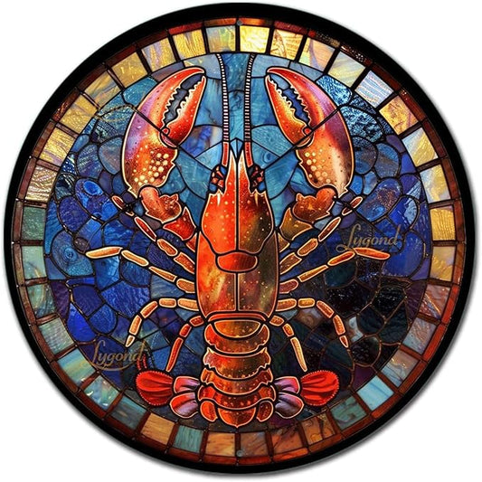 Lygond Metal Sign Tin Sign Circular Stained Glass Lobster Gardening Poster for Club 8×8 Inches