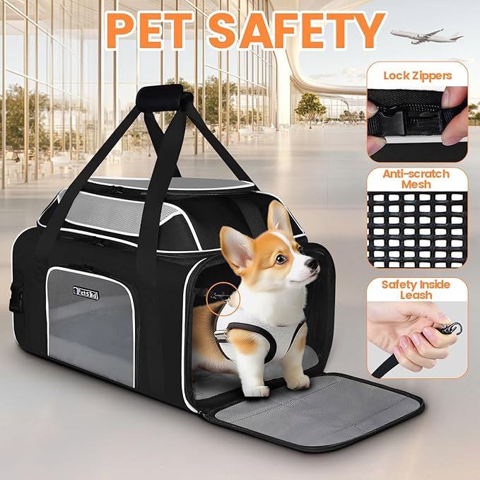 Petskd Top and Side Expandable Pet Carrier 19x13x9 Inches Southwest Allegiant Airlines Approved, Soft-Sided Carrier for Small Dog Under 12 lbs and Large Cat Under 15 lbs(Black)