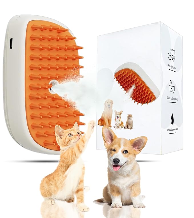 Pet Steam Brush For Cat & Dog - Pets Spray Hair Removal Comb - Cats Indoor Shedding & Grooming Mist Tool - Water Steamer Brushes for Long & Short Haired Dogs - Spritz Defur Comb (Orange)