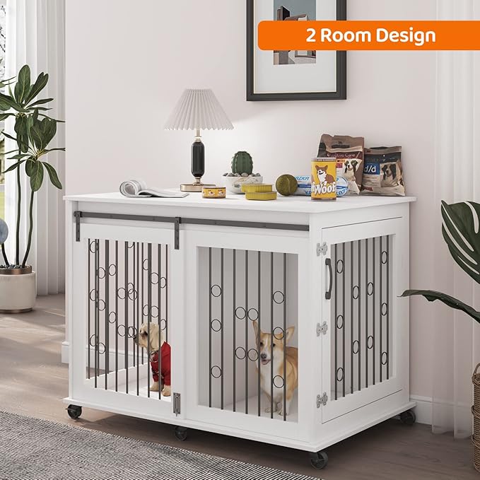 IchbinGo Large Dog Crate Furniture with Sliding Barn Door, 43.7" Wooden Dog Kennel End Table with Wheels and Flip-top Plate Dog House with Detachable Divider for Small/Medium/Large Dog (White)