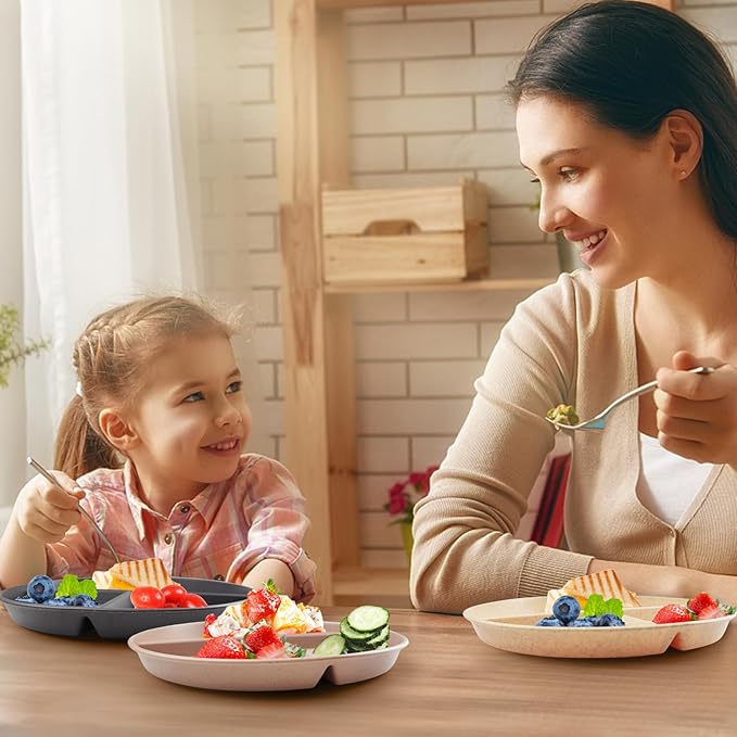 greenandlife 9 Inch 4PCS Unbreakable Portion Control Plates, Divided Plates for Kids Adults, Dishwasher & Microwave Safe Compartment Plate, Lightweight Reusable Wheat Straw Plate, BPA Free