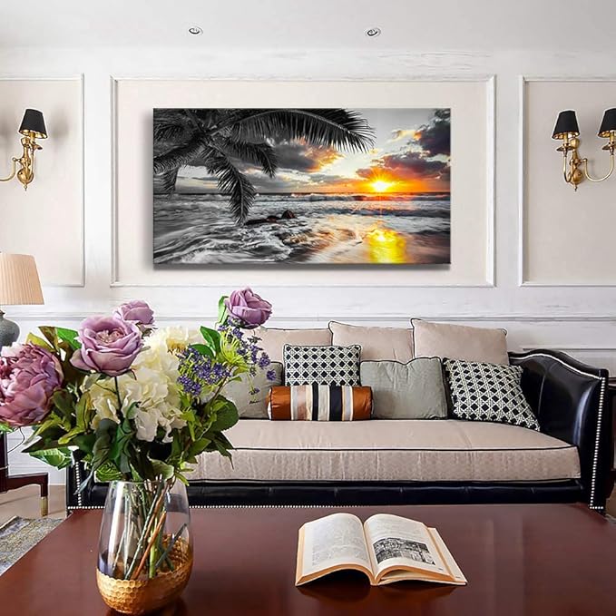 Yxbhhym-Large Canvas Ocean Wall Art Black White Gold Wall Art Beach Pictures for Walls Sunrise Seascape Scenery Print Palm Poster Wave Sea Artwork for Wall Art Living Room Office Wall Decor Bedroom