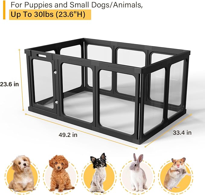 Acrylic Clear Dog Play Pen Indoor, Plastic Puppy Playpen with Door, Clear PlayPen for Dog Cat Rabbit Ferret, Easy Assemble Pen, Preferable Small Cage, 23.6" H, 10PCS, Black