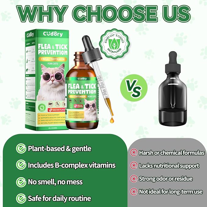 Flea & Tick Support for Cats – Natural Herbal Drops with Multivitamin – Fleas and Ticks Comfort Formula for Cat All Breeds & Ages – Bacon Flavor