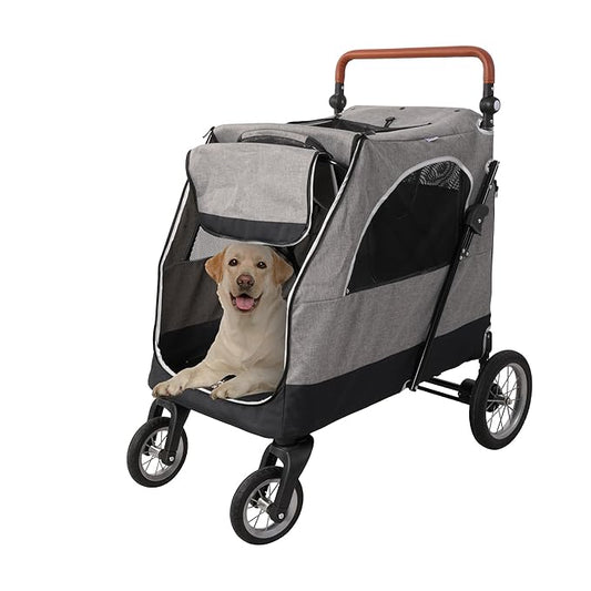 4 Wheel Pet Stroller with Storage Basket - Foldable & Breathable with Mesh Skylight, Large Dog Stroller with Adjustable Handle - Ideal for Travel and Walking with Medium to Large Dogs, Up to 120 lbs